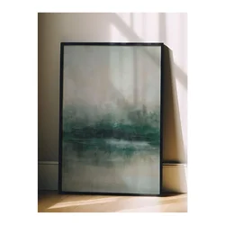WallXpert uramljena slika 115220, apstraktni pejzaž jezera u zelenim i sivim tonovima, 30 x 40 cm, crni ram