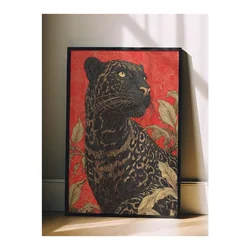 WallXpert uramljena slika 115265, crni panter sa lišćem na crvenoj pozadini, 50 x 70 cm, crni ram