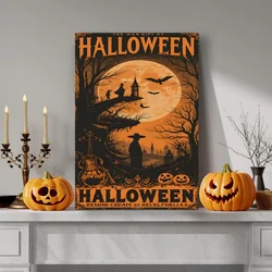 WallXpert slika na platnu 70100HALC-008, retro Halloween poster sa ukletom kućom i punim mesecom, 70 x 100 cm