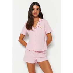 Trendyol Light Pink 100% Cotton Teddy Bear Embroidered Shirt-Shorts Knitted Pajamas Set