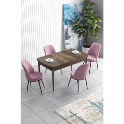 Hanah Home trpezarijski set Han, sto na razvlačenje i 4 stolice, ploča u dekoru drveta Baroque, roze tkanina Jerry