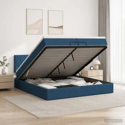 vidaXL Otomanska postelja z vzmetnico in LED Modra 200 x 200 cm Blago