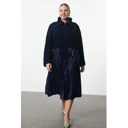 Trendyol Curve Navy Blue Elastic Elastic Waist Pleated Woven Plus Size Skirt