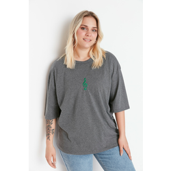 Trendyol Curve Anthracite Wide Fit Knitted T-Shirt with Embroidery