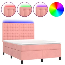 Vidaxl Box spring postelja z vzmetnico LED roza 140x190 cm žamet