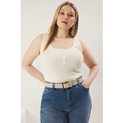 Trendyol Curve Ecru Pool Collar Button Detail Ribbed Knit Plus Size Athlete