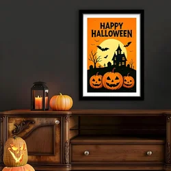 WallXpert uramljena slika 3752HALCT-009, natpis Happy Halloween sa bundevama i ukletom kućom pod mesecom, 37 x 52 cm, crni ram