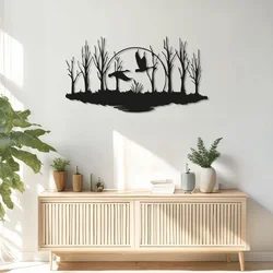 WallXpert metalni zidni ukras DCV-1046-MT, divlje patke u letu iznad šume i močvare, 60 x 30 cm, crni