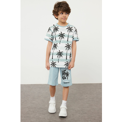 Trendyol Blue Printed Knitted Top-Bottom Set