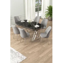 Hanah Home Set Trpezarijski sto i 6 stolica Lai, Sivo-crni