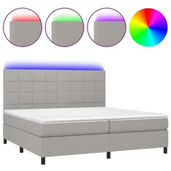 Vidaxl Box spring postelja z vzmetnico LED sv. siva 200x200 cm blago