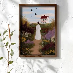 WallXpert uramljena MDF slika NAL101-46, žena u beloj haljini na stazi kroz cvetno polje ka kući sa crvenim krovom, 35,5 x 47 cm