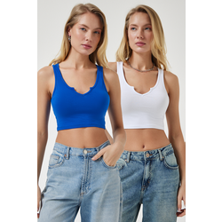 Happiness Istanbul Womens Cobalt Blue White Strappy 2-Pack Crop Knitted Blouse