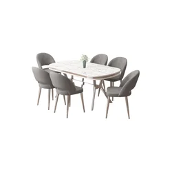 Hanah Home trpezarijski set Jita, sto i 6 stolica, ploča u dekoru belog mermera, hromirane noge, siva tkanina Babyface