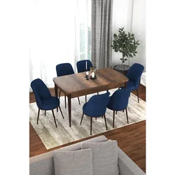 Hanah Home trpezarijski set Via, sto na razvlačenje i 6 stolica, ploča u dekoru drveta Baroque, teget tkanina Jerry