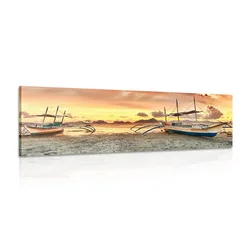 Slika ladje ob sončnem zahodu - 120x40