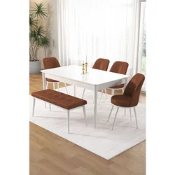 Hanah Home trpezarijski set Pir, sto, 4 stolice i klupa, bela ploča, terakota tkanina Babyface