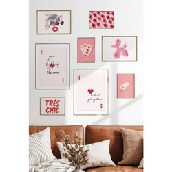 WallXpert set od 8 manjih uramljenih slika Çgs-063, roze i crveni motivi – karte za igru, trešnje, disko kugla i balon pas, ram u boji prirodnog drveta