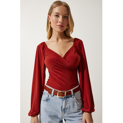 Happiness Istanbul Womens Tile Elastic Balloon Sleeve Sandy Knitted Blouse