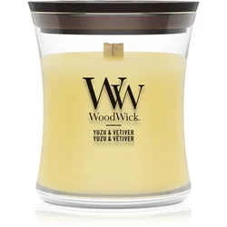 Woodwick Yuzu & Vetiver dišeča sveča z lesenim stenjem 275 g