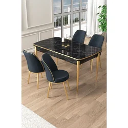 Hanah Home trpezarijski set Pale, sto na razvlačenje i 4 stolice, ploča u dekoru crnog mermera, zlatne noge, antracit tkanina Babyface