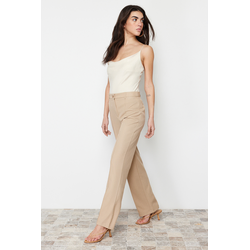 Trendyol Light Brown Straight/Straight Fit High Waist Ribbed Stitched Woven Trousers