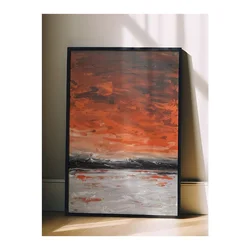 WallXpert uramljena slika 115217, apstraktni zalazak sunca nad morem u narandžastim tonovima, 30 x 40 cm, crni ram