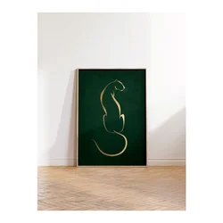 WallXpert uramljena slika 115223, zlatna linijska silueta pantera na tamnozelenoj pozadini, 50 x 70 cm, ram u boji prirodnog drveta