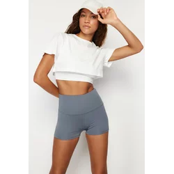 Trendyol White 2-Layer Reflector Print Detailed Crop Knitted Sports T-Shirt