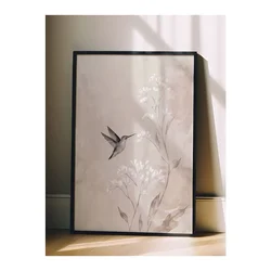 WallXpert uramljena slika 115239, kolibri među belim poljskim cvetovima u bež tonovima, 50 x 70 cm, crni ram