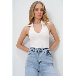 Trend Alacati Stili Ženska bluza bez rukava Alc-X13512, V-izrez, Bela