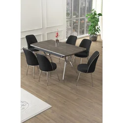 Hanah Home trpezarijski set Poy, sto na razvlačenje i 6 stolica, antracit ploča Irony, hromirane noge, crna tkanina Babyface