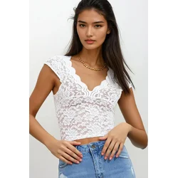 Trend Alacati Stili Ženska bluza kratkih rukava ALC-X11823, V izrez, Bela