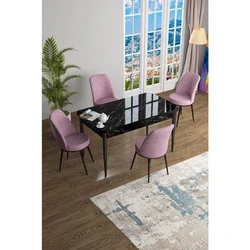 Hanah Home trpezarijski set Han, sto na razvlačenje i 4 stolice, ploča u dekoru crnog mermera, roze tkanina Jerry