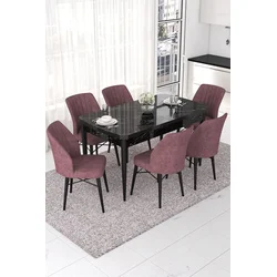 Hanah Home Set Trpezarijski sto i 6 stolica Nef, Prljavo roze