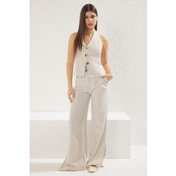 Trendyol Beige Linen Blend Striped Back Open Vest & Wide Leg Trousers Woven Bottom-Top Set