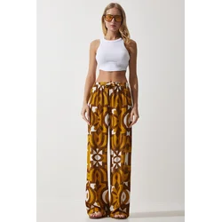Happiness Istanbul Womens Mustard Patterned Flowing Viscose Palazzo Trousers