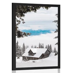 Plakat lesena hiška pri zasneženih borovcih - 40x60 no frame
