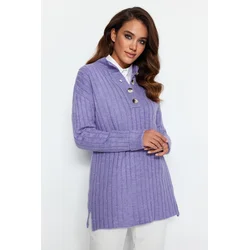 Trendyol Lilac Collar Buttoned Ribbed Knitwear Sweater