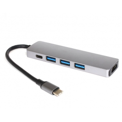 3G (201815) adapter TIP C (muški) na 3x USB 3.0 (ženski ) + TIP C (ženski) + HDMI (ženski) sivi