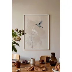WallXpert uramljena slika 115244, kolibri iznad belog cveta na bež akvarelnoj pozadini, 50 x 70 cm, beli ram