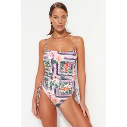 Trendyol Floral Patterned Square Collar Draped Regular Leg Swimsuit