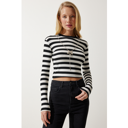 Happiness Istanbul Womens Black and White Detachable Necklace Striped Crop Knitted Blouse
