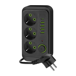 Produžni razvodnik sa prekidačem LINEA, 3x 230 V + 5x USB (A/C), SCHUKO, 5 m, crni