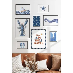WallXpert set od 8 uramljenih slika Çgs-061, plavi morski motivi – jastog, morska zvezda, jedrenjak i surfer, crni ram