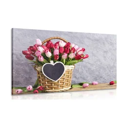 Slika rdeči tulipani v leseni košarici - 90x60