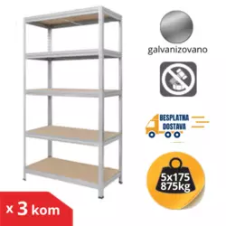 Komplet od 3 police metal-medijapan 213x90x45cm, 5x175kg