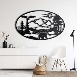 WallXpert metalni zidni ukras 5190, medved, orao i planinski pejzaž u ovalnom ramu, 60 x 36 cm, crni