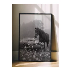 WallXpert uramljena slika 115225, crni konj i klasični kabriolet u magli, crno-belo, 30 x 40 cm, crni ram