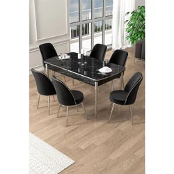 Hanah Home trpezarijski set Pale, sto na razvlačenje i 6 stolica, ploča u dekoru crnog mermera, hromirane noge, crna tkanina Babyface